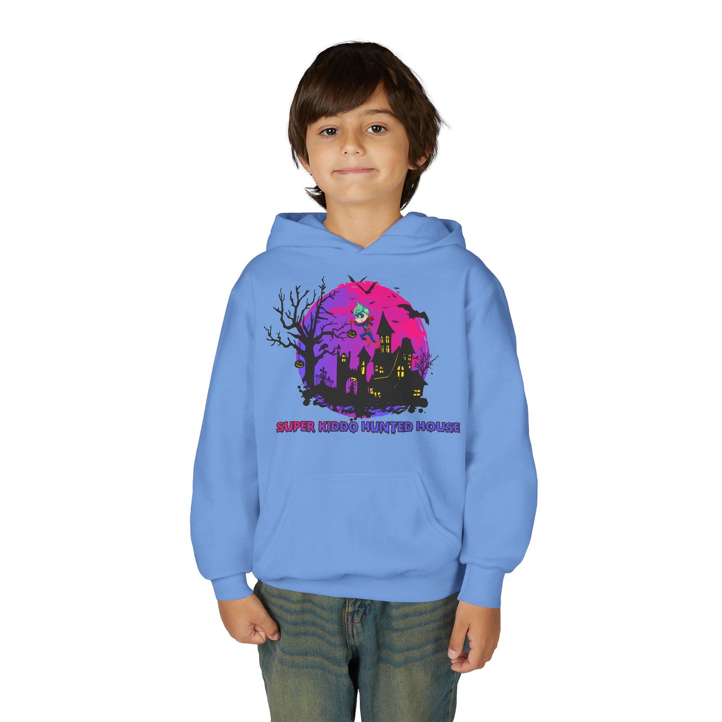 Youth Heavy Blend Hooded Sweatshirt - Super kiddo flying on hunted house