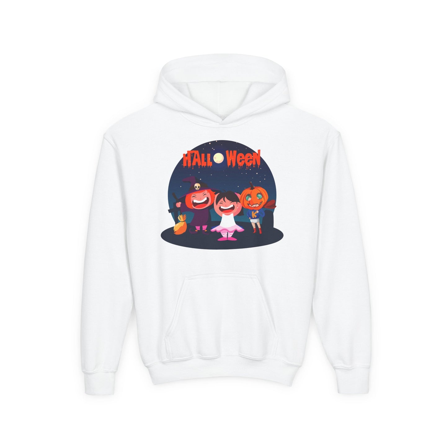 Youth Heavy Blend Hooded Sweatshirt - Super kiddo wearing pumpkin