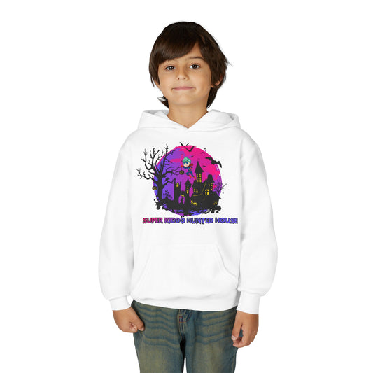 Youth Heavy Blend Hooded Sweatshirt - Super kiddo flying on hunted house