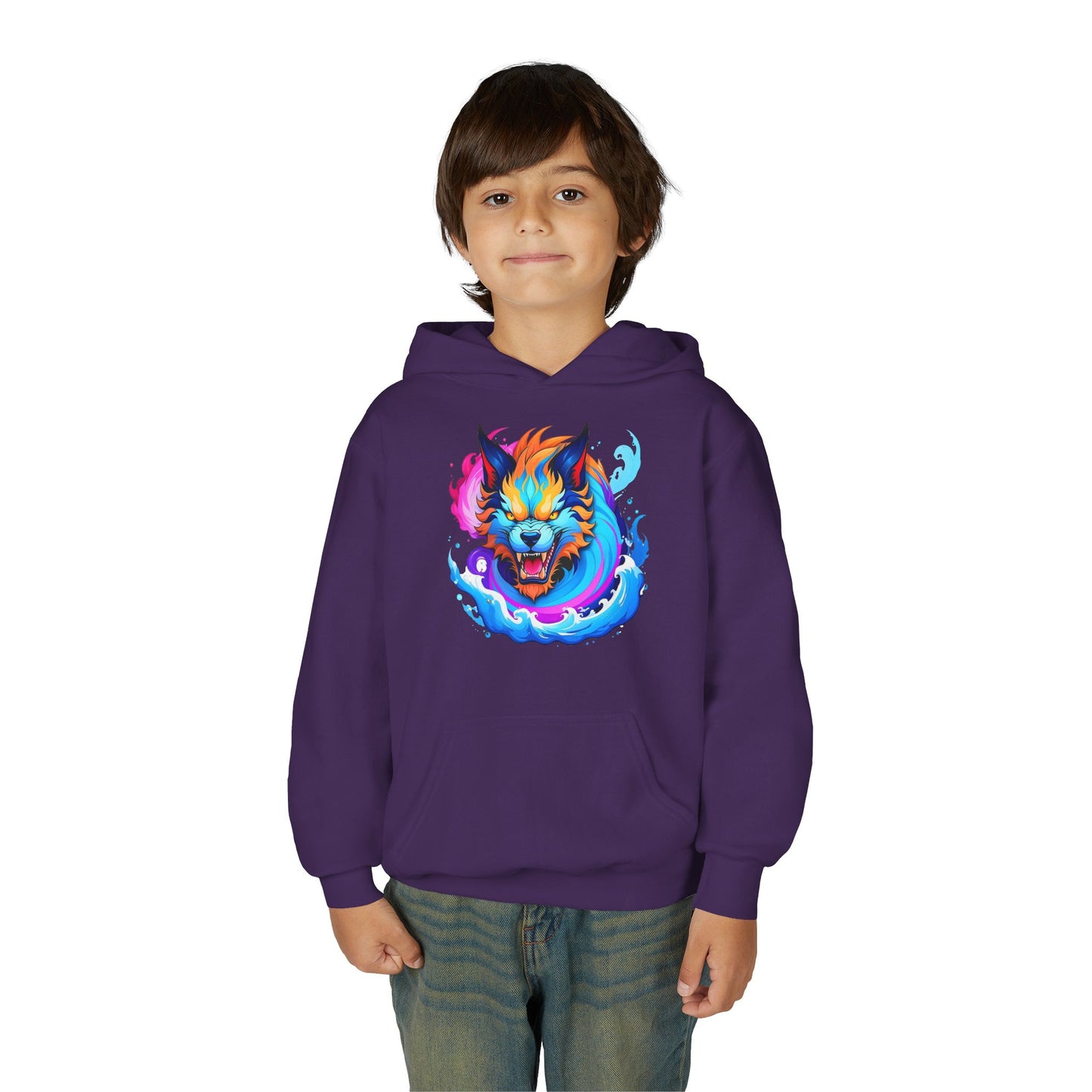 Youth Heavy Blend Hooded Sweatshirt - Vibrant Wolf Design