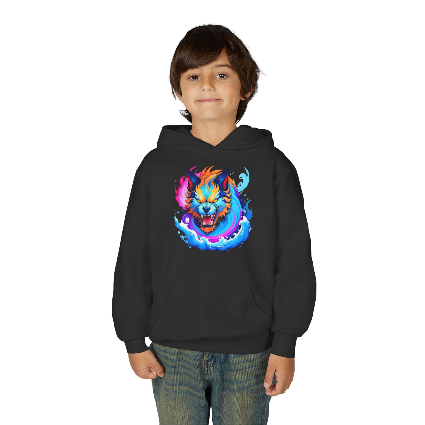 Youth Heavy Blend Hooded Sweatshirt - Vibrant Wolf Design