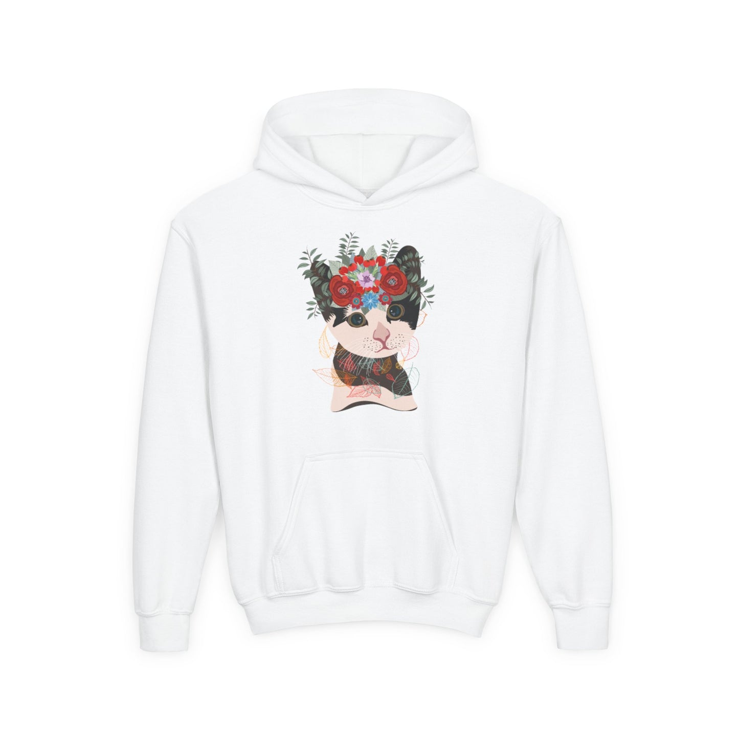 Youth Heavy Blend Hooded Sweatshirt - Lovely cat with crown flower