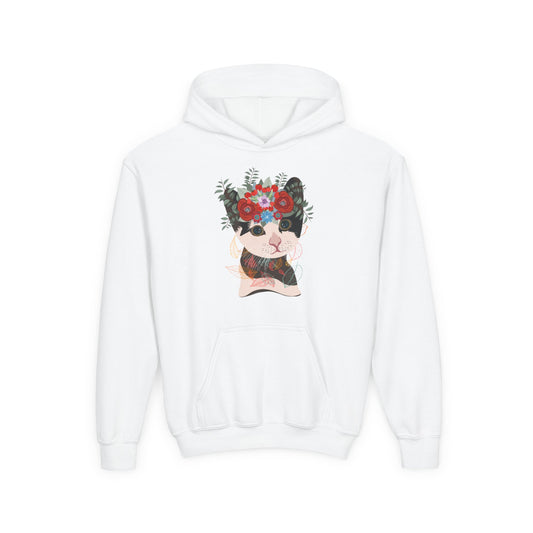 Youth Heavy Blend Hooded Sweatshirt - Lovely cat with crown flower