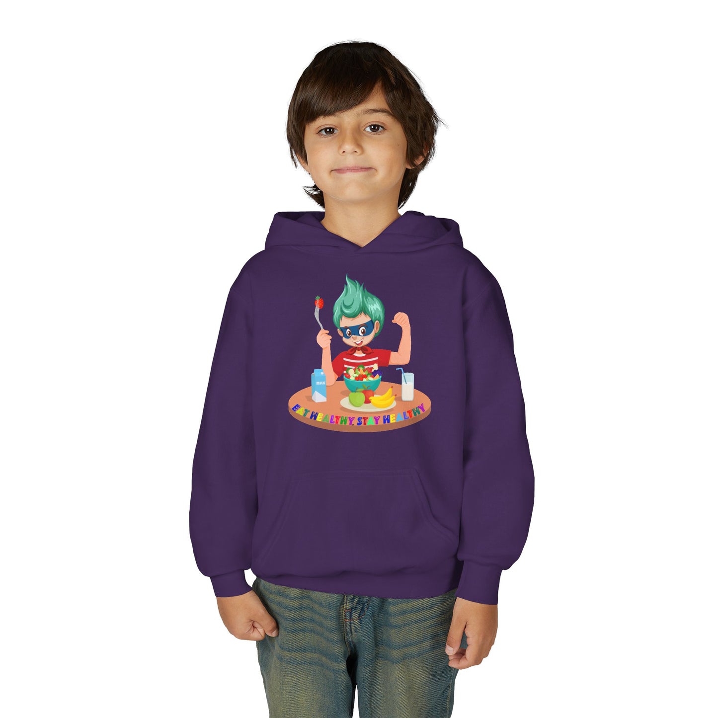 Youth Heavy Blend Hooded Sweatshirt - super kiddo eating healthy food