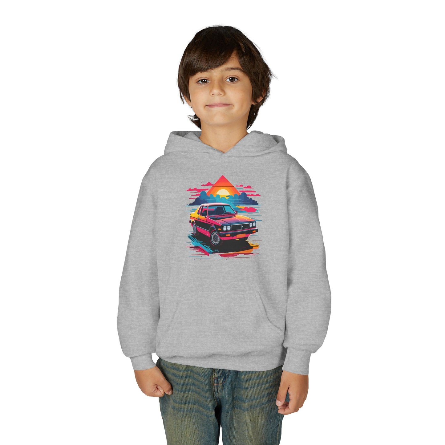 Youth Heavy Blend Hooded Sweatshirt - Retro Car and Sunset