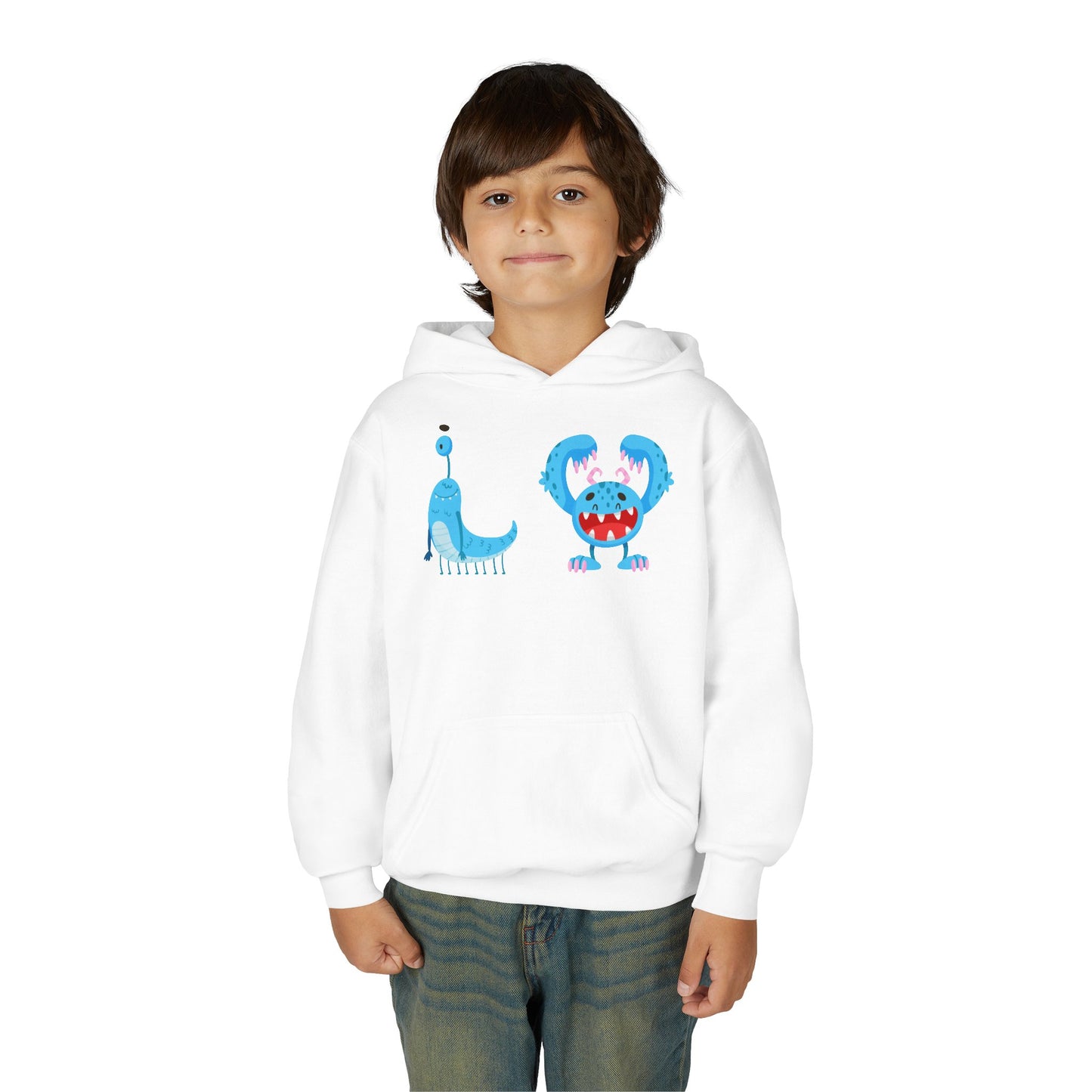 Youth Heavy Blend Hooded Sweatshirt - Happy toothy blue monsters