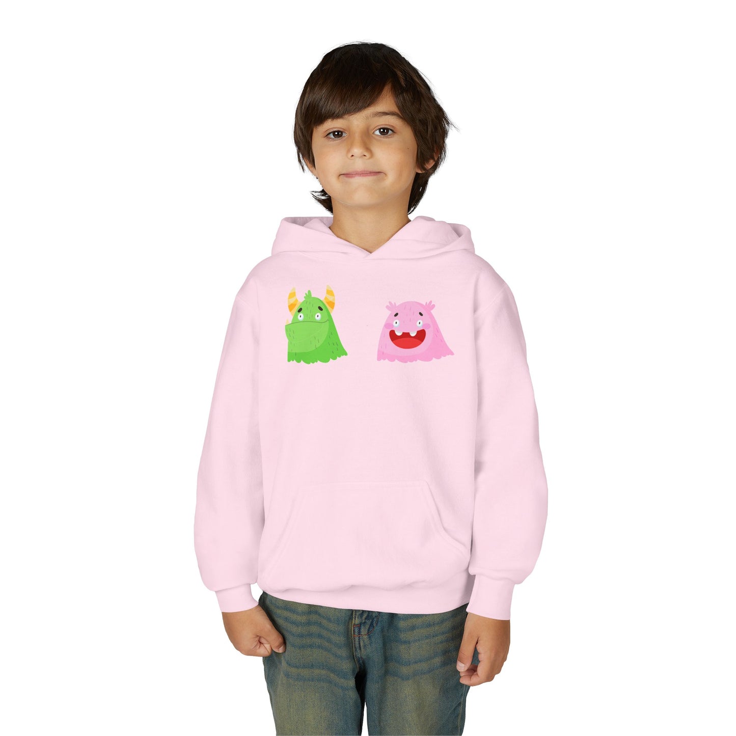 Youth Heavy Blend Hooded Sweatshirt - Green and pink monsters