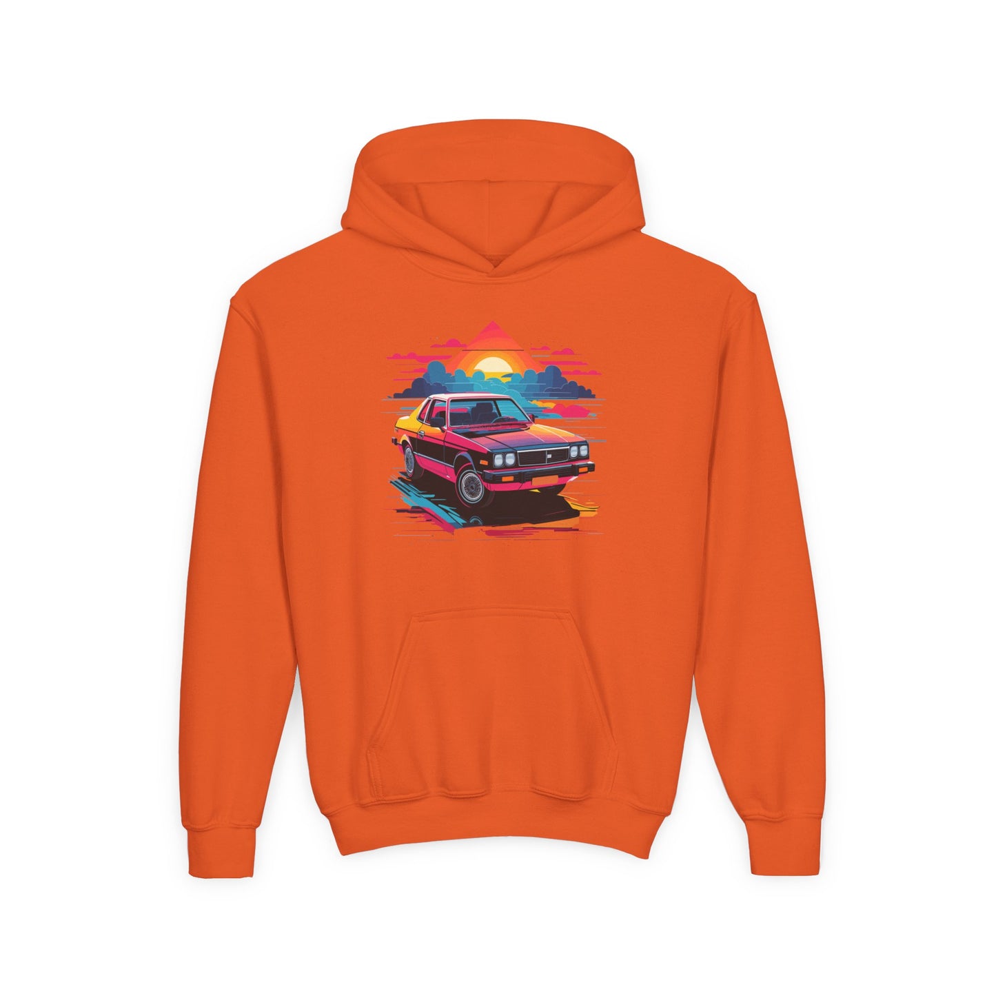 Youth Heavy Blend Hooded Sweatshirt - Retro Car and Sunset