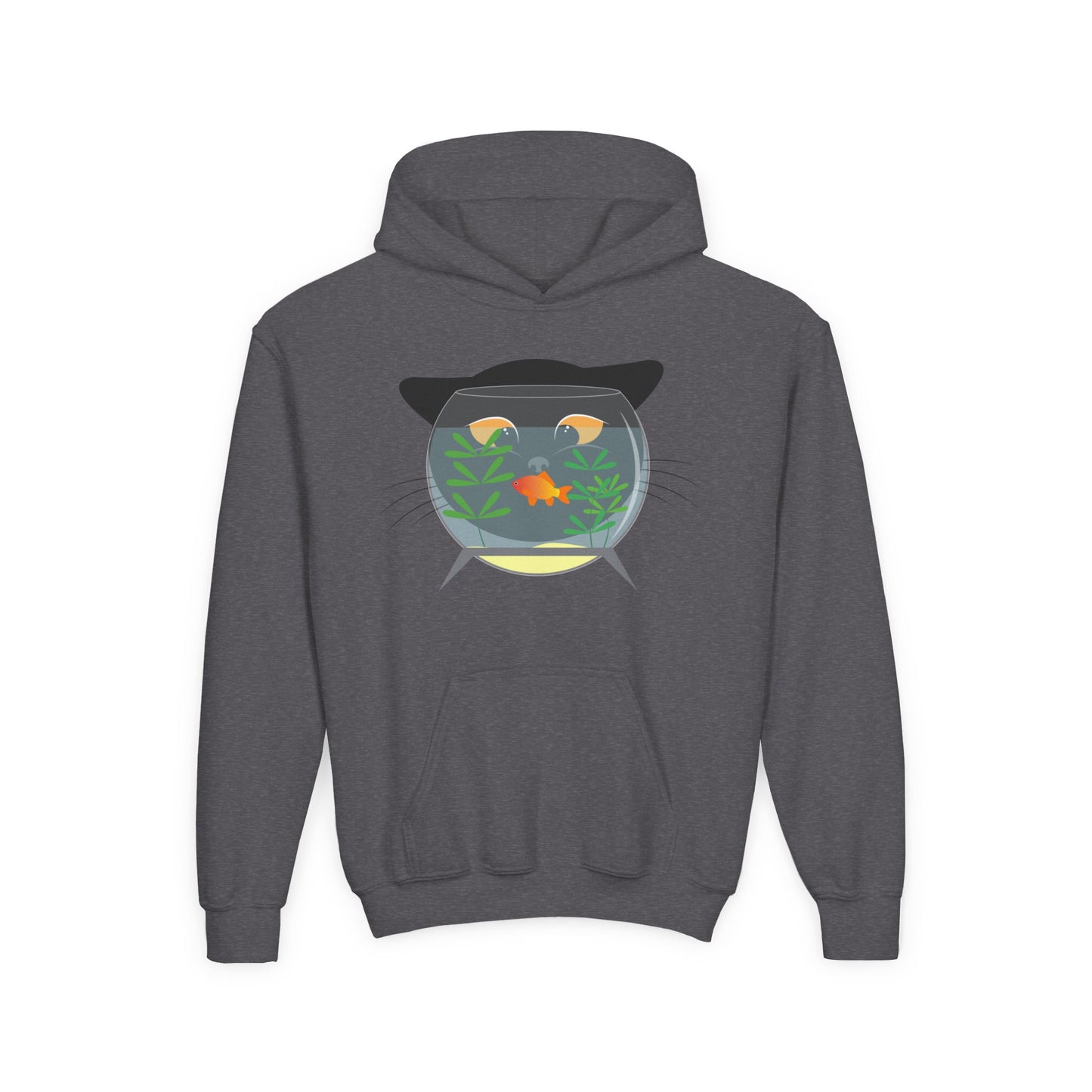 Youth Heavy Blend Hooded Sweatshirt -  Black cat and gold fish