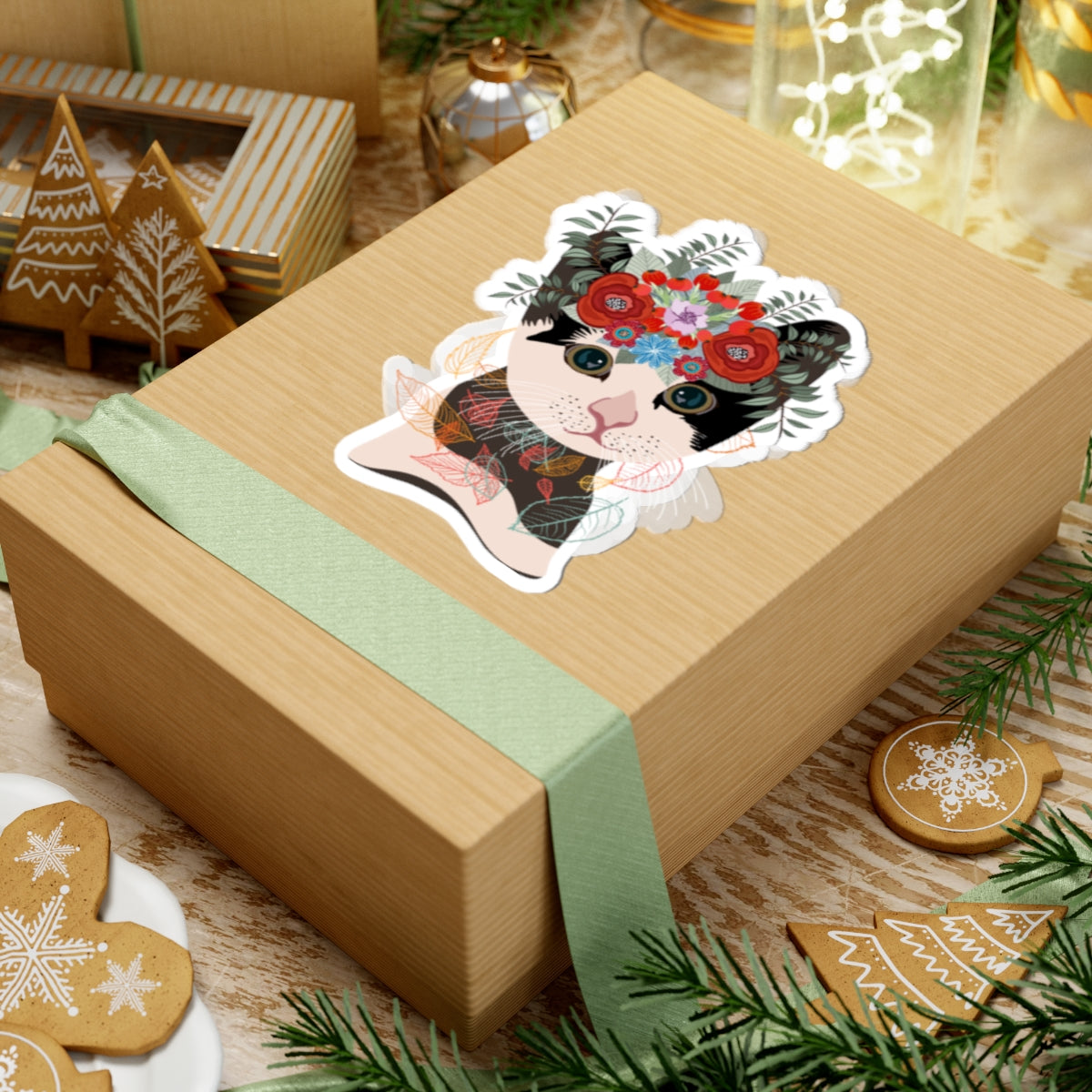 Kiss-Cut Vinyl Decals - Lovely cat with crown flowers