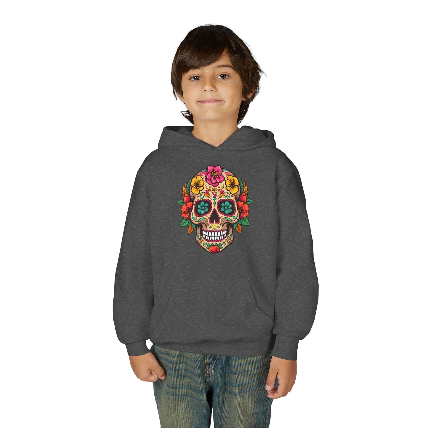 Youth Heavy Blend Hooded Sweatshirt - Colorful Skull Floral