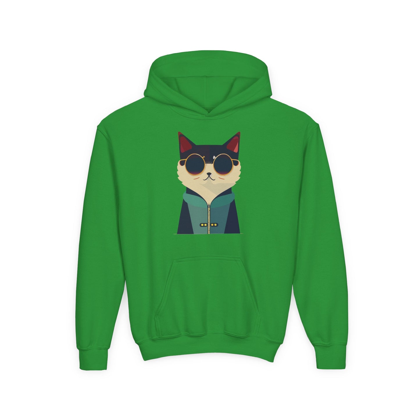 Youth Heavy Blend Hooded Sweatshirt - Cool Cat with Sunglasses