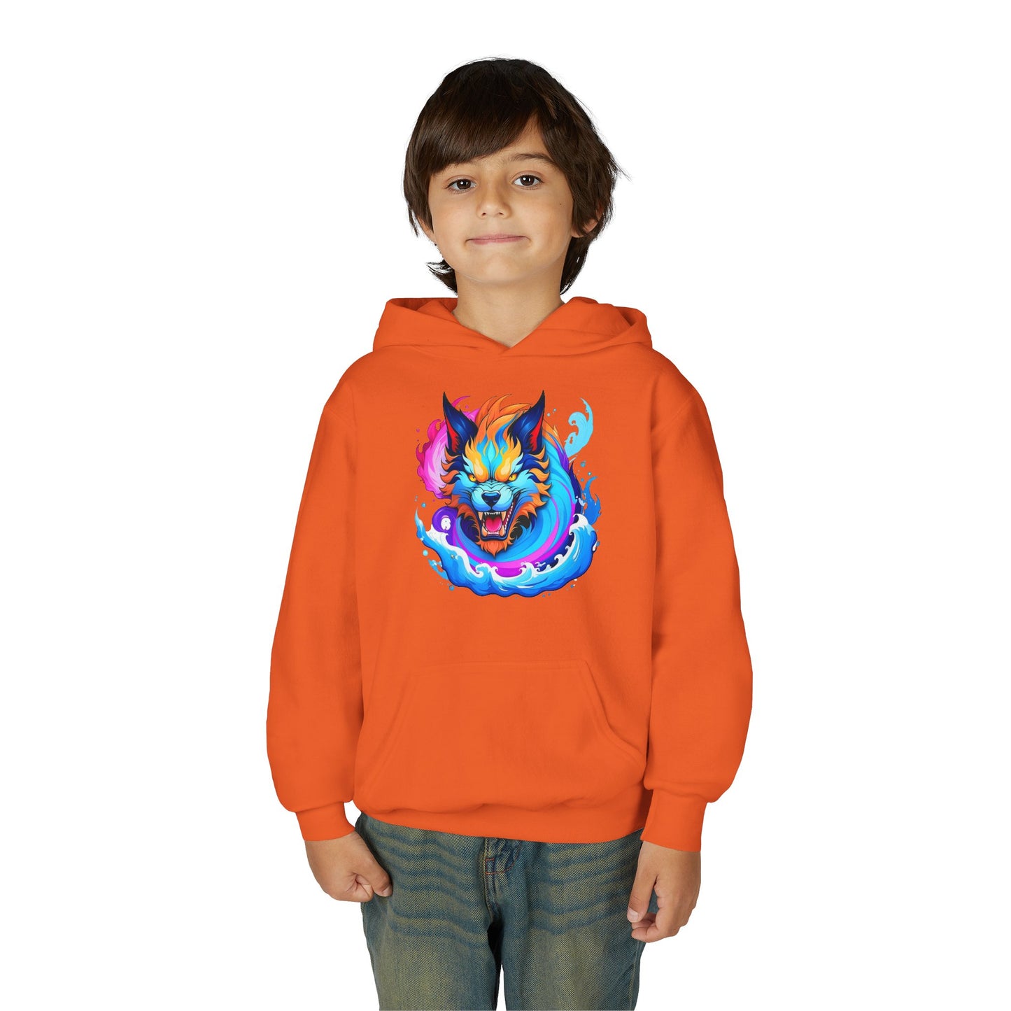 Youth Heavy Blend Hooded Sweatshirt - Vibrant Wolf Design