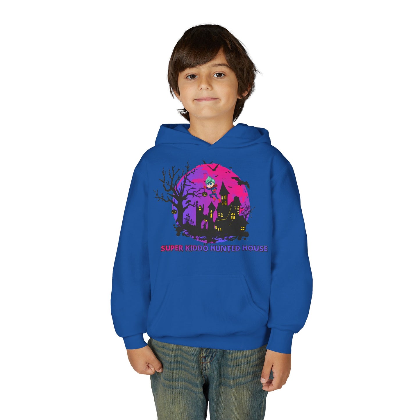 Youth Heavy Blend Hooded Sweatshirt - Super kiddo flying on hunted house