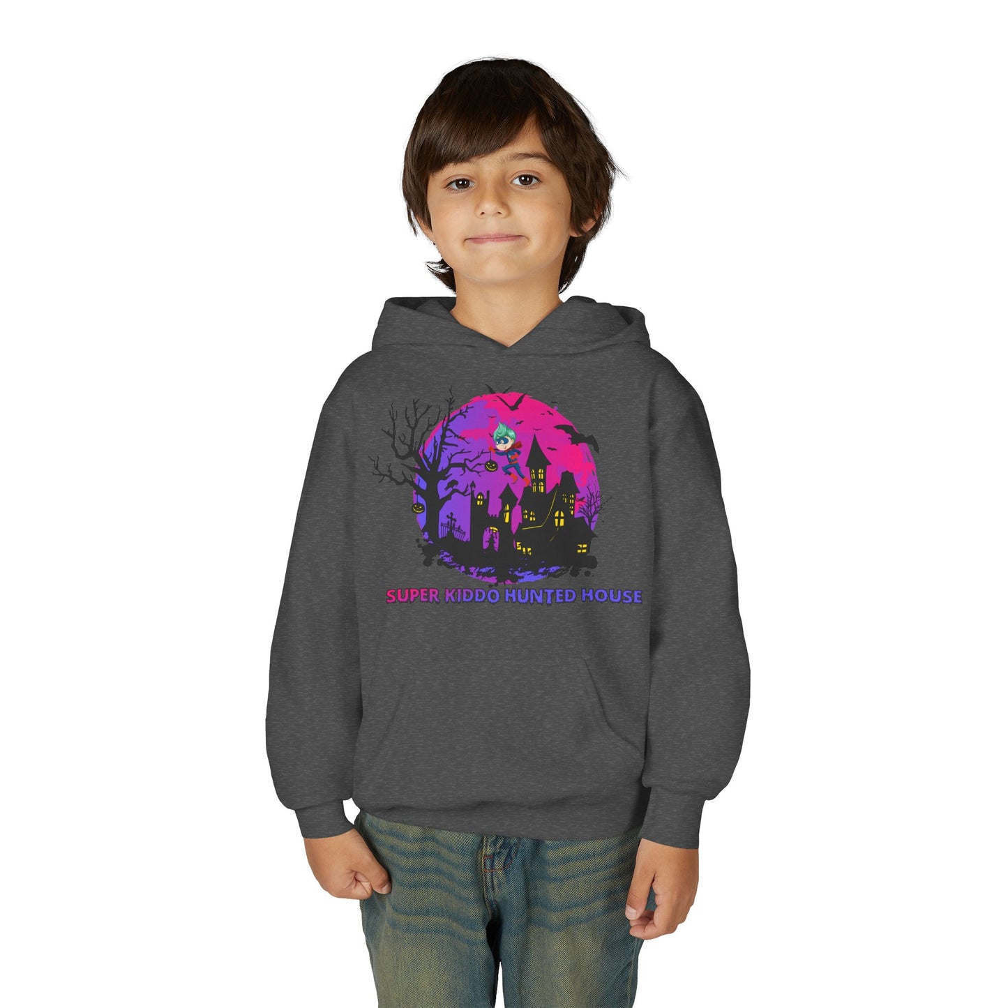Youth Heavy Blend Hooded Sweatshirt - Super kiddo flying on hunted house