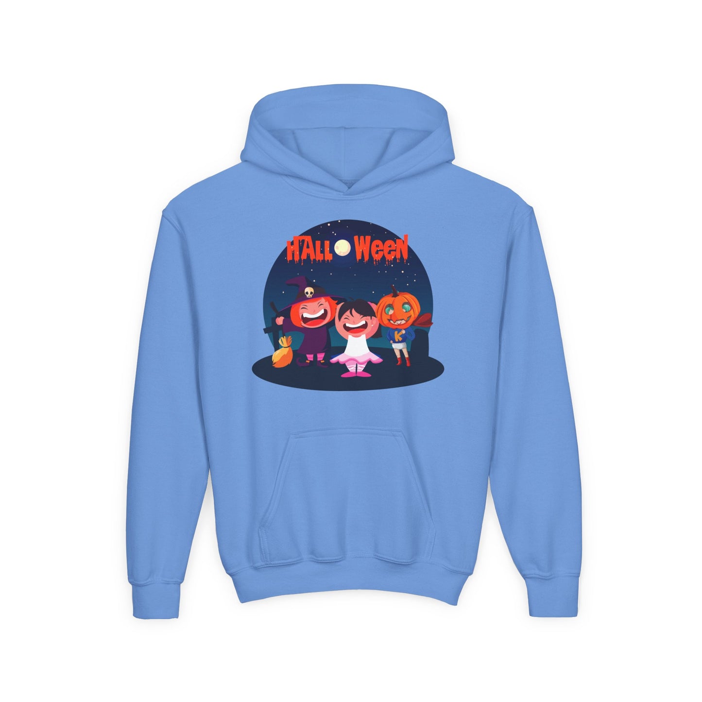 Youth Heavy Blend Hooded Sweatshirt - Super kiddo wearing pumpkin