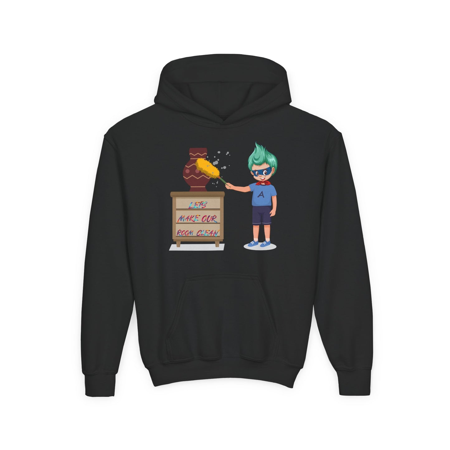 Youth Heavy Blend Hooded Sweatshirt - Super kiddo cleaning a vase