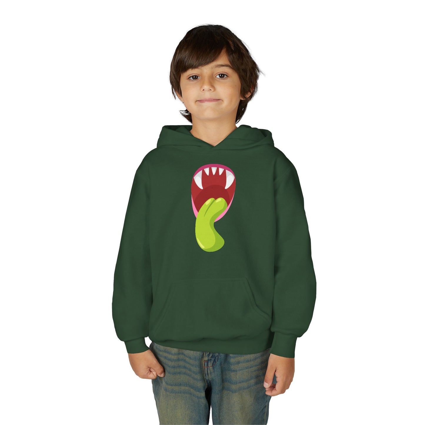 Youth Heavy Blend Hooded Sweatshirt - Monster showing tongue