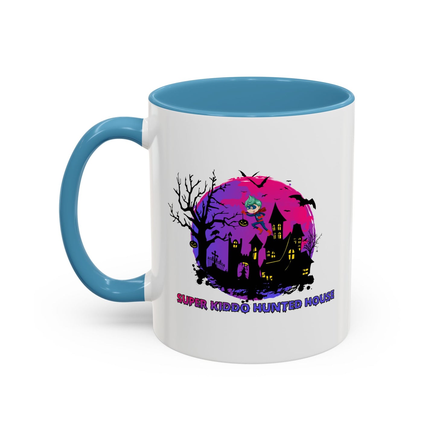 Accent Coffee Mug - Super kiddo flying on hunted house
