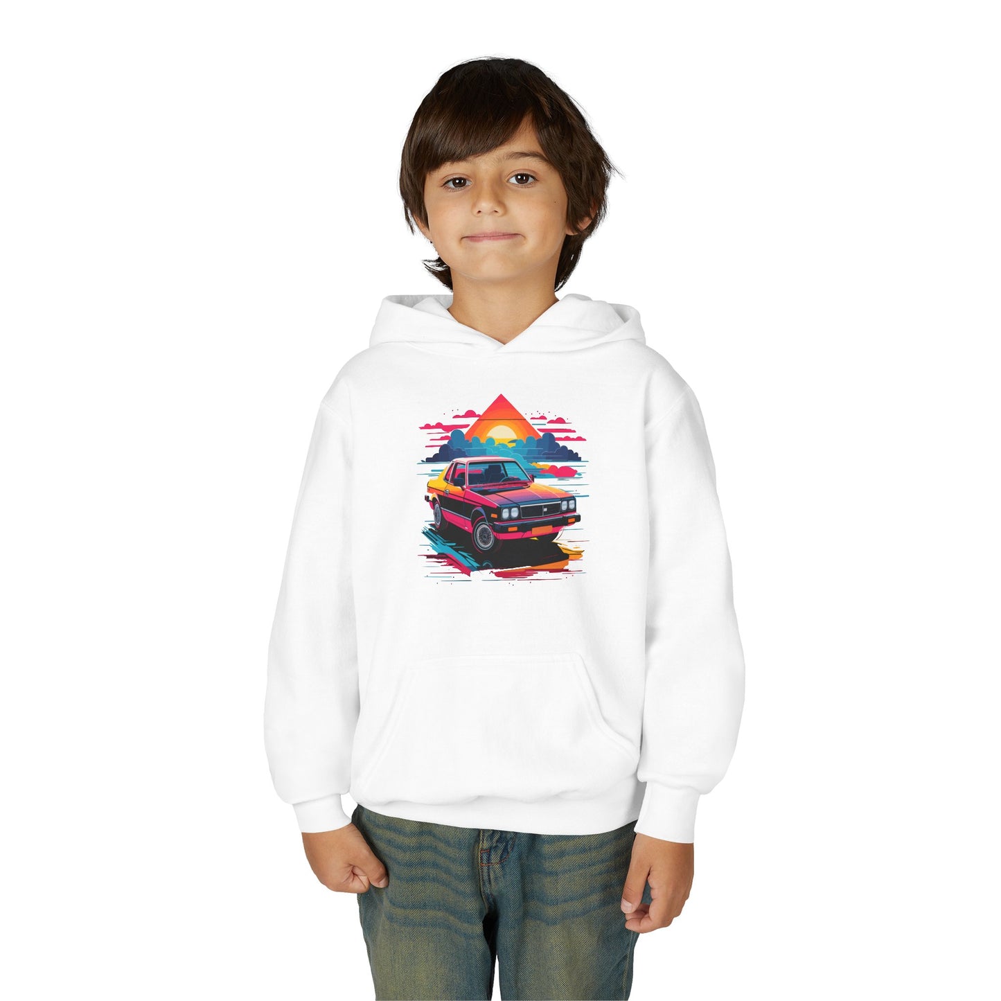 Youth Heavy Blend Hooded Sweatshirt - Retro Car and Sunset