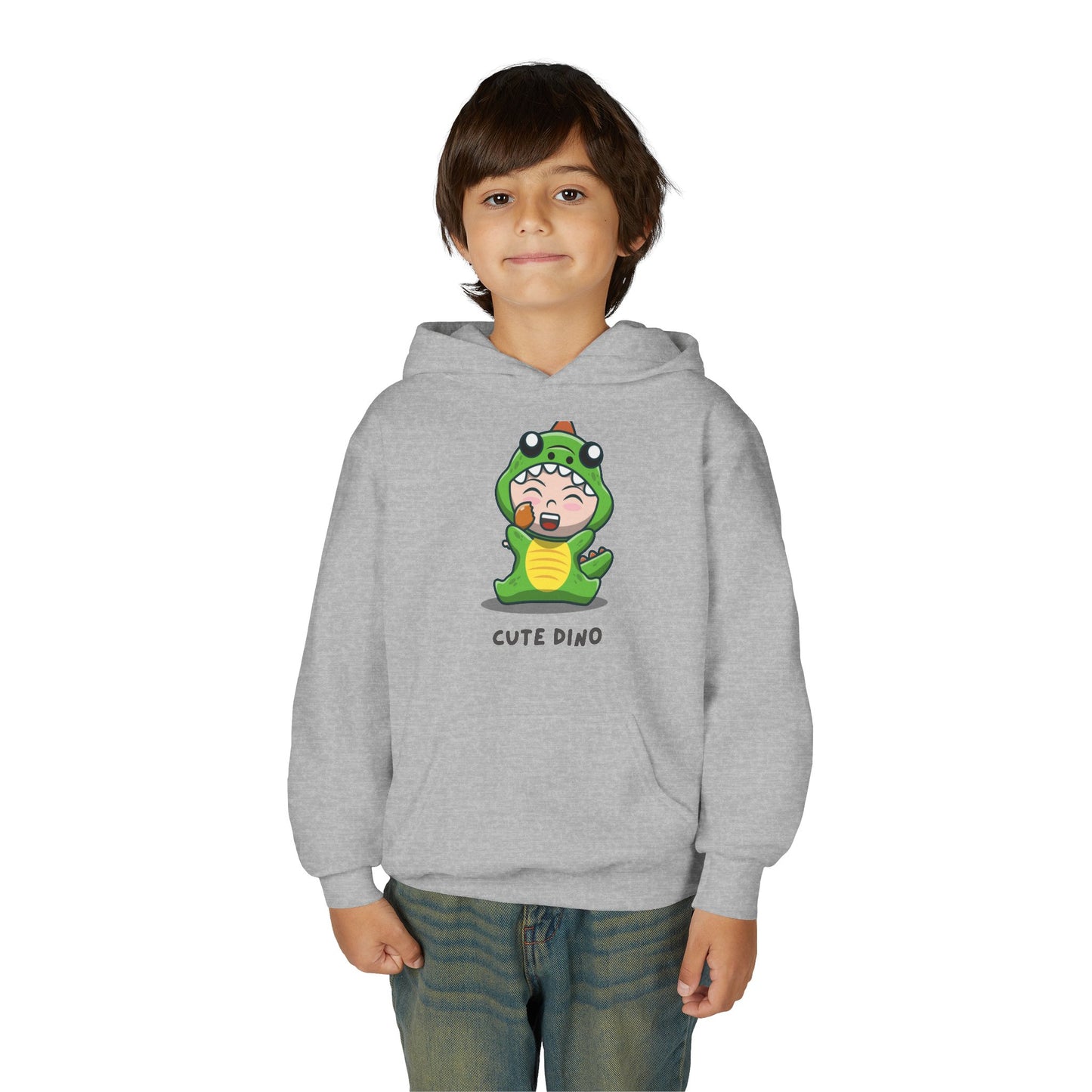 Youth Heavy Blend Hooded Sweatshirt - Green Cute Dino