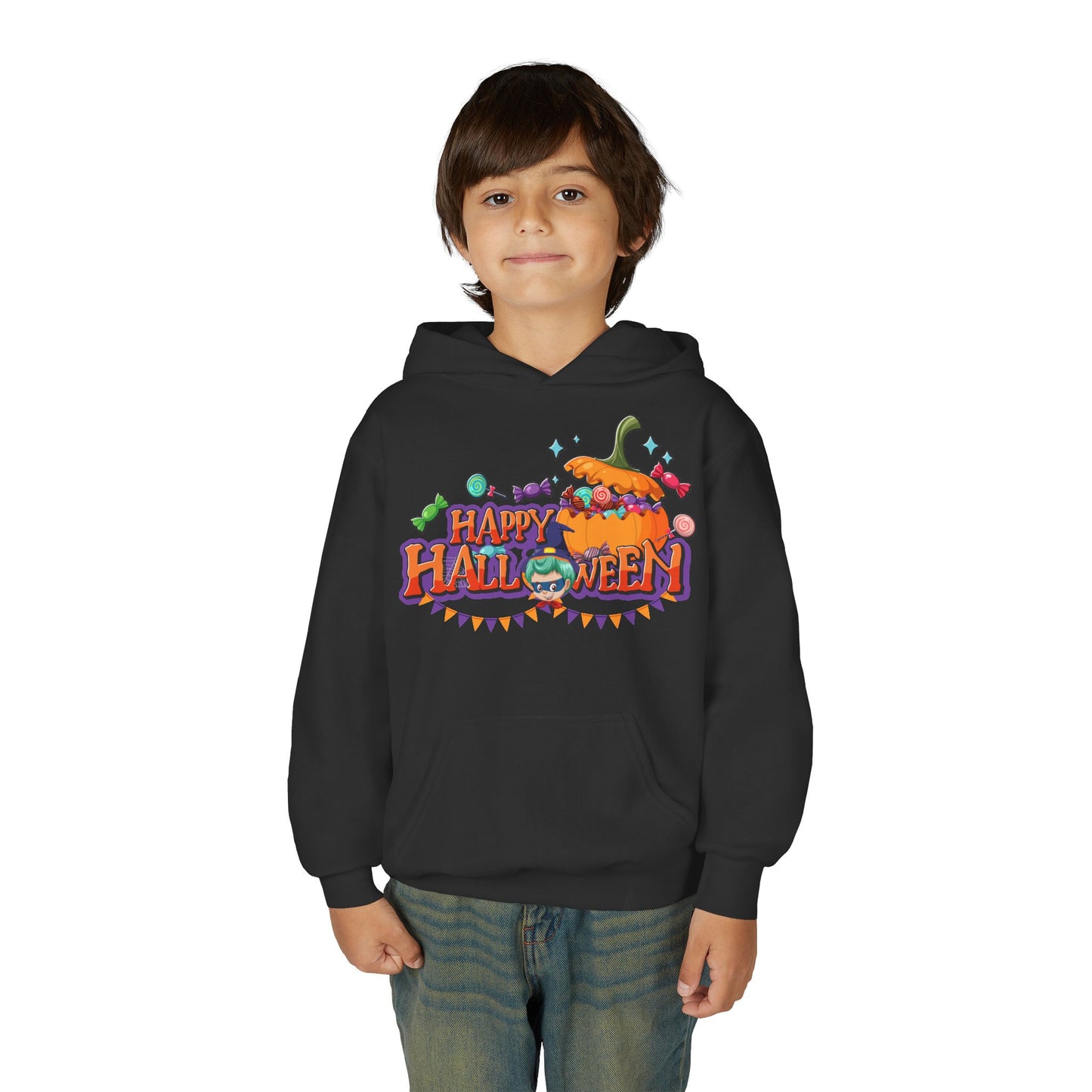 Youth Heavy Blend Hooded Sweatshirt - Happy halloween banner
