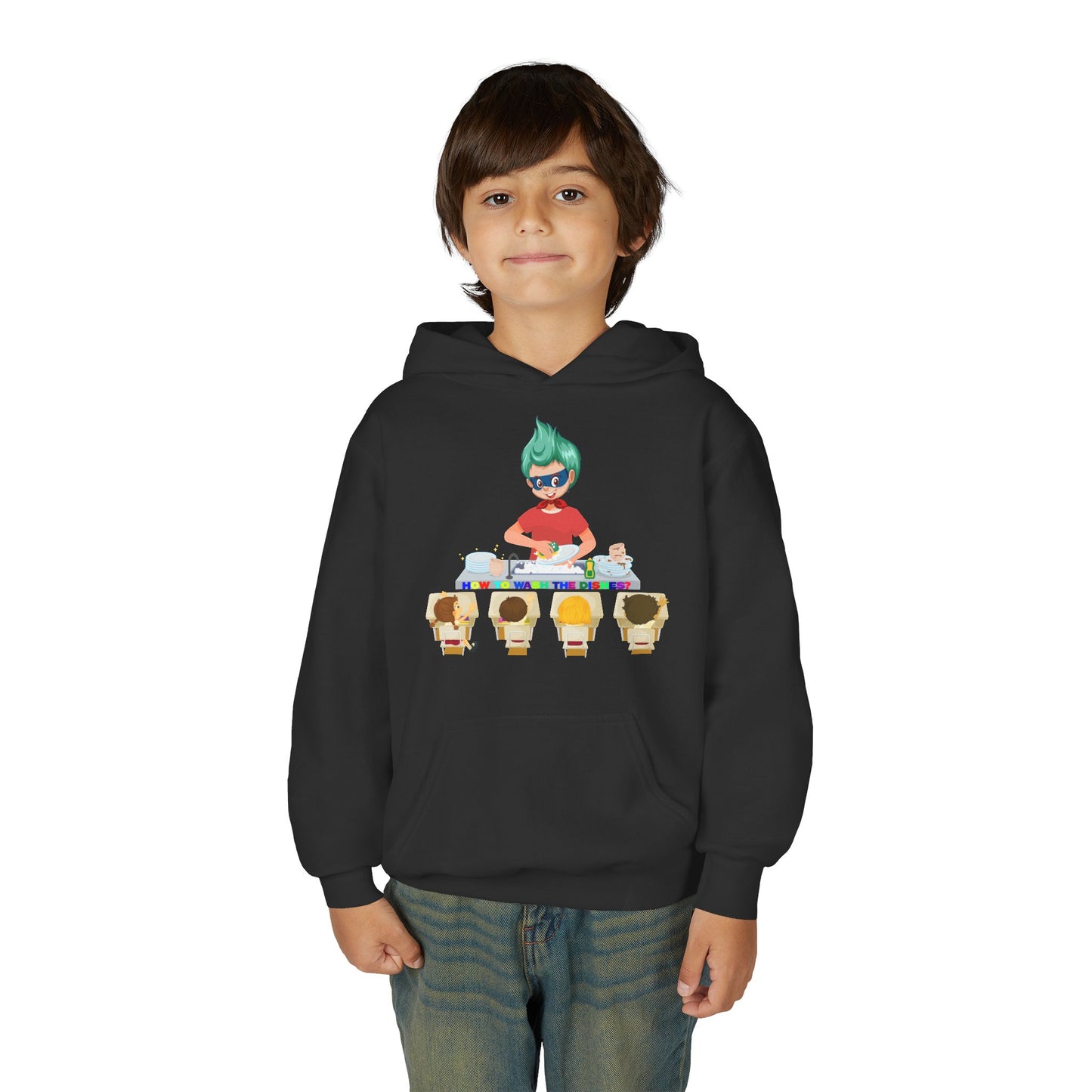 Youth Heavy Blend Hooded Sweatshirt - Little kiddo teaching to wash dishes