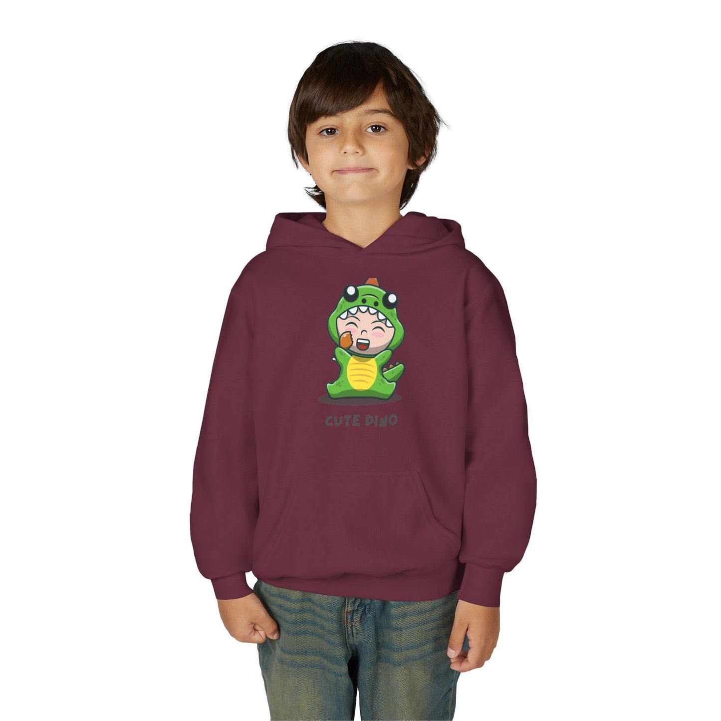 Youth Heavy Blend Hooded Sweatshirt - Green Cute Dino