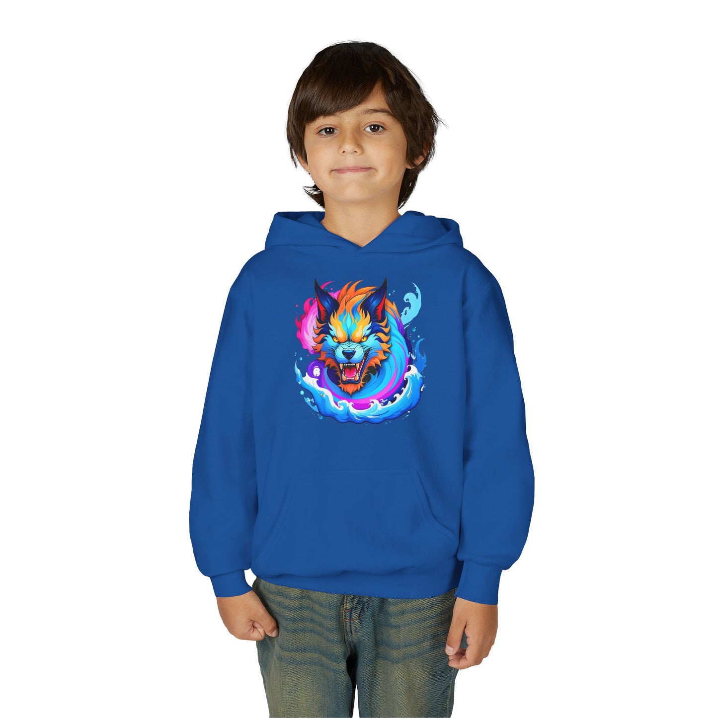 Youth Heavy Blend Hooded Sweatshirt - Vibrant Wolf Design