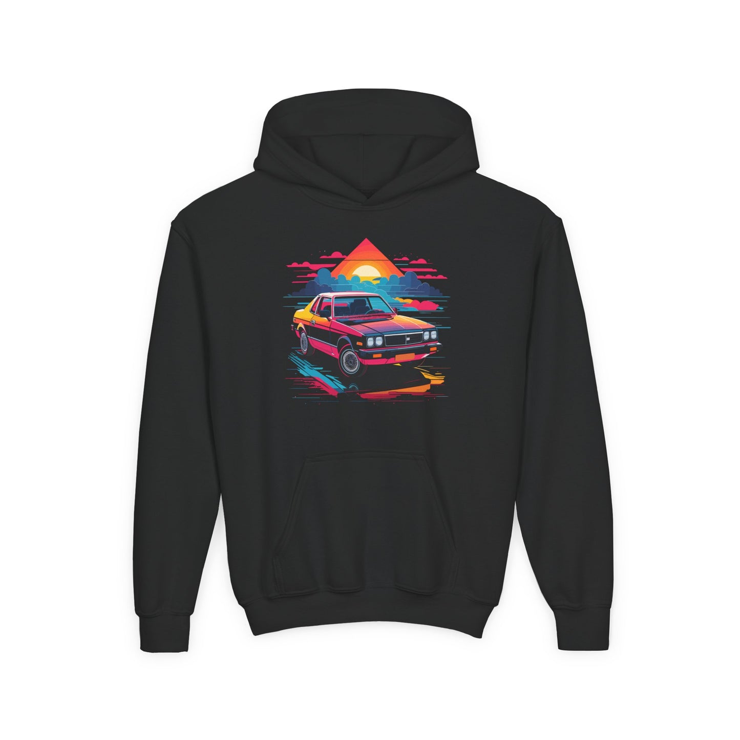 Youth Heavy Blend Hooded Sweatshirt - Retro Car and Sunset