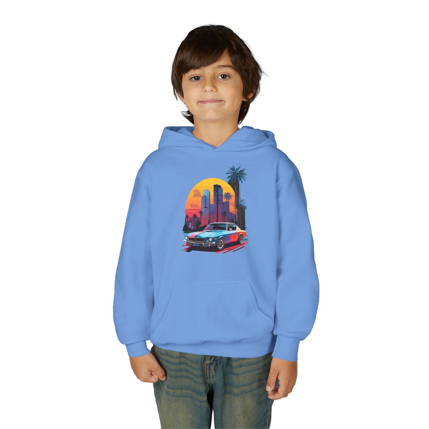 Youth Heavy Blend Hooded Sweatshirt - Vintage Car Sunset