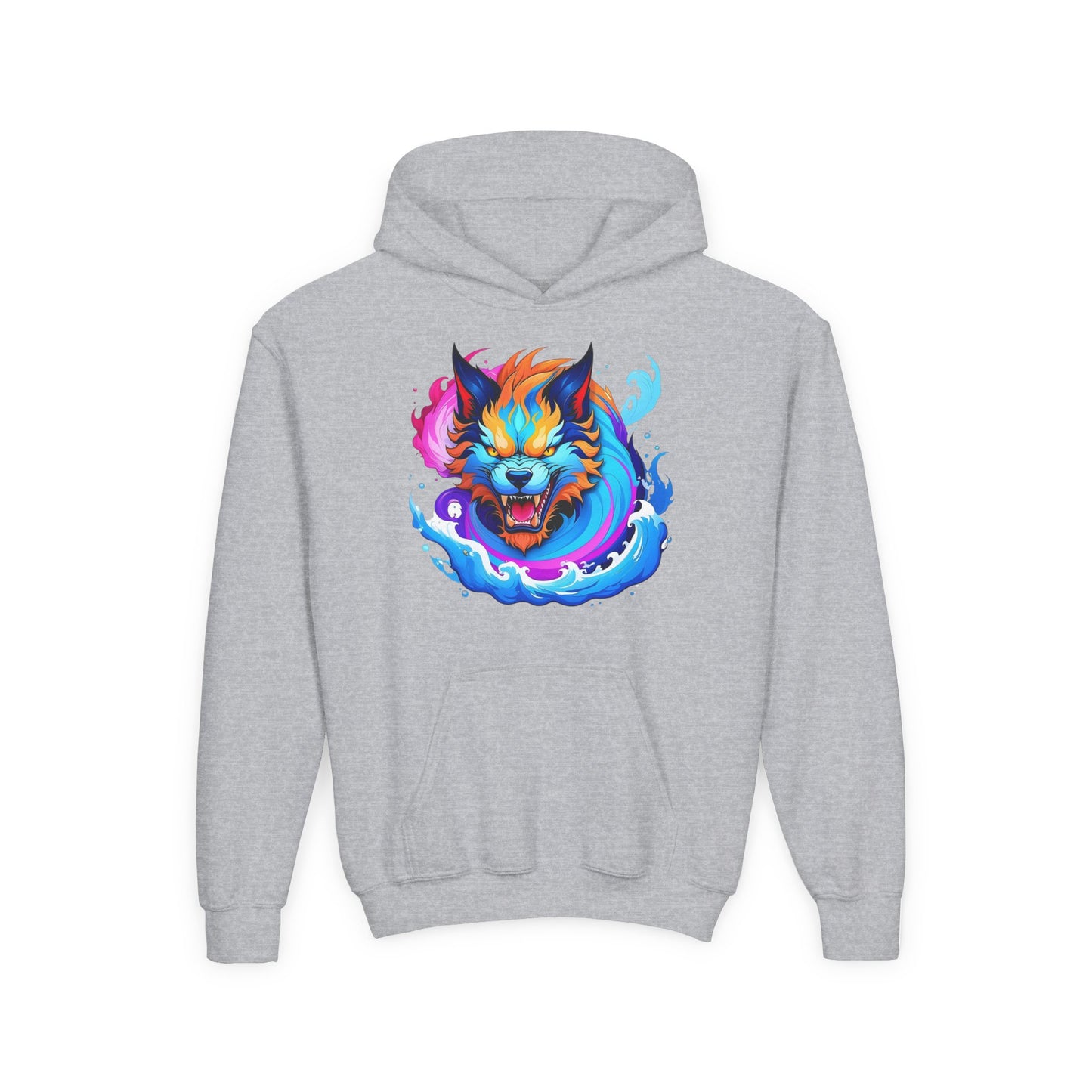 Youth Heavy Blend Hooded Sweatshirt - Vibrant Wolf Design