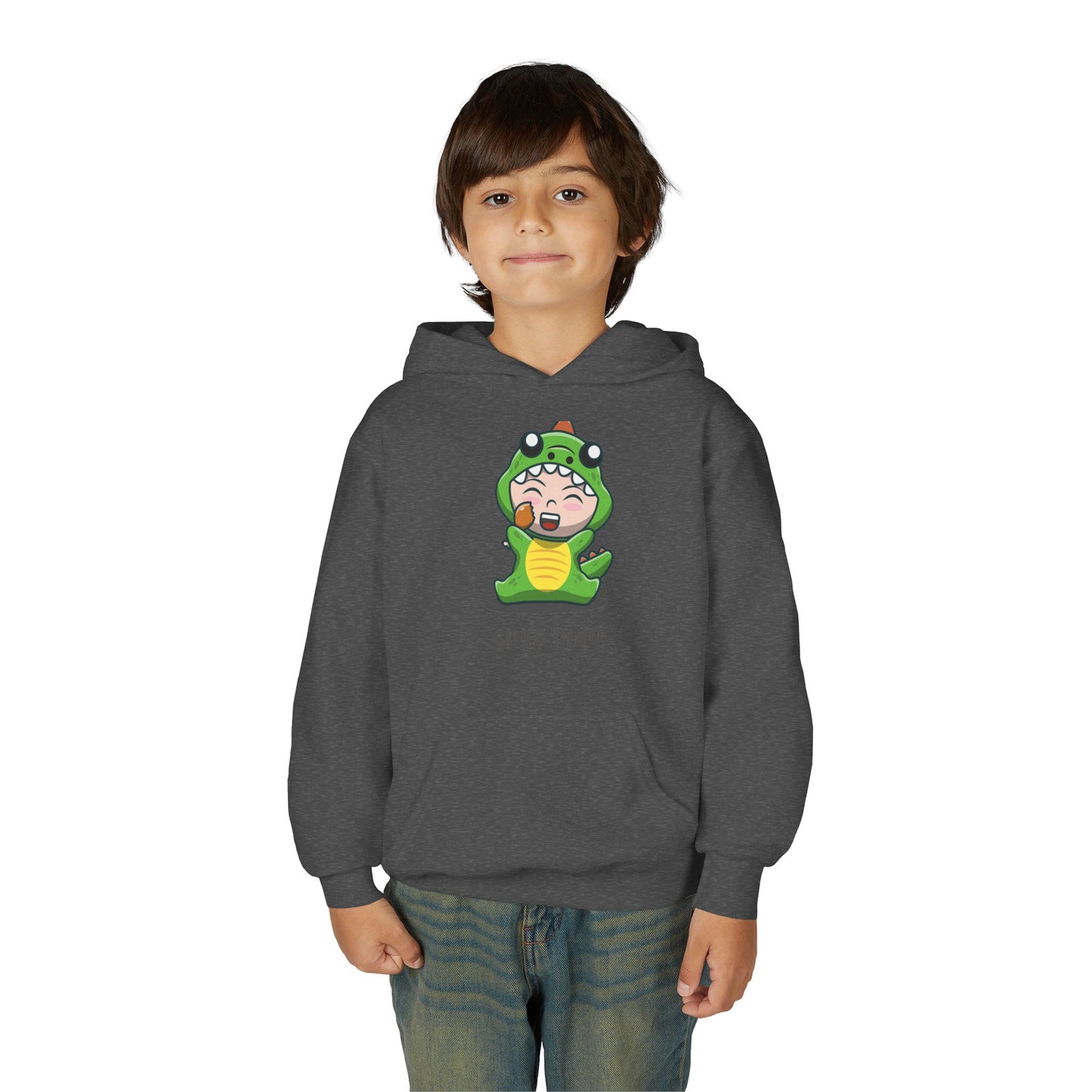 Youth Heavy Blend Hooded Sweatshirt - Green Cute Dino