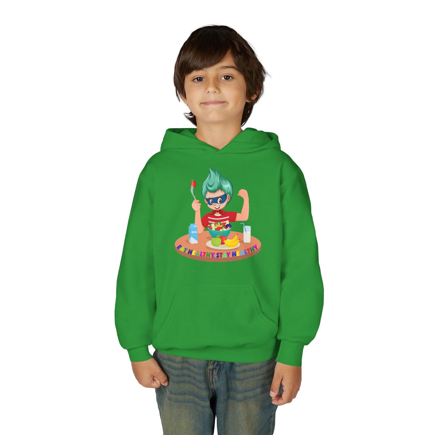 Youth Heavy Blend Hooded Sweatshirt - super kiddo eating healthy food
