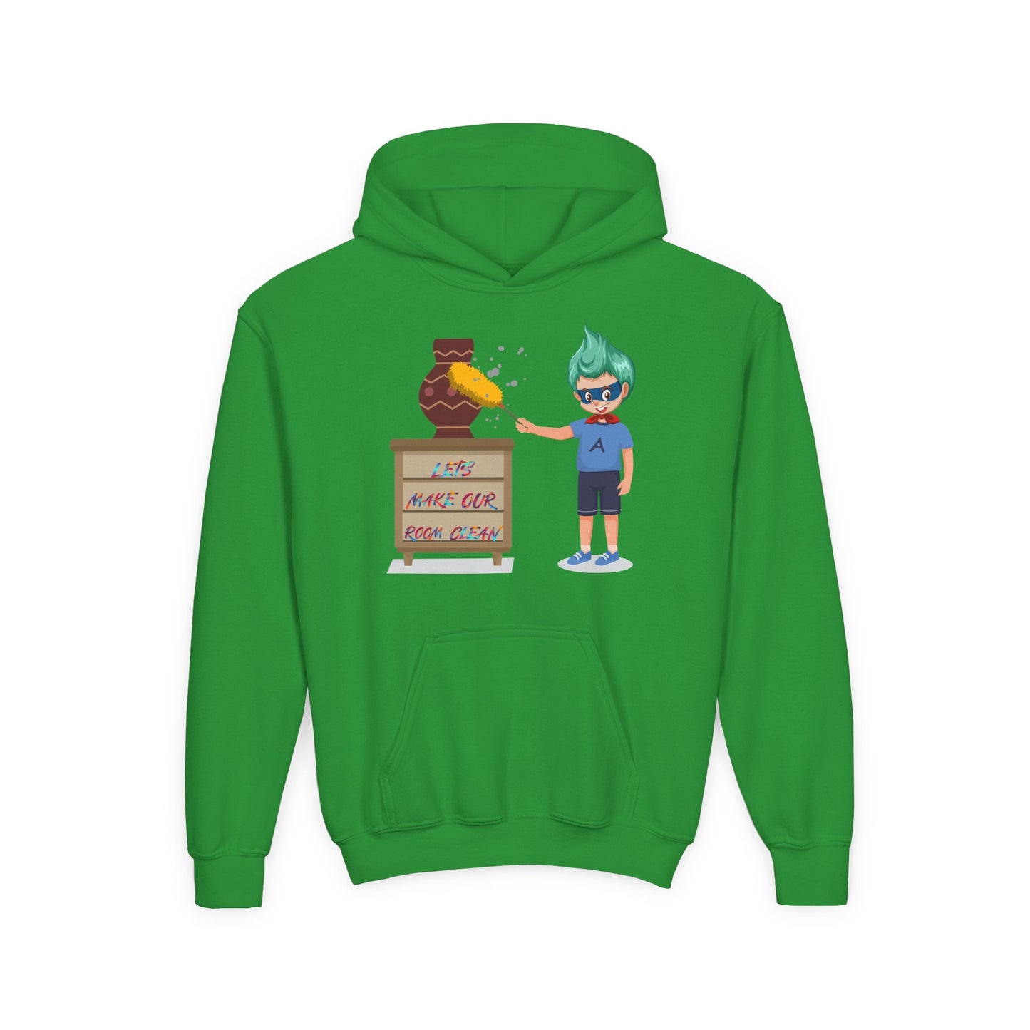 Youth Heavy Blend Hooded Sweatshirt - Super kiddo cleaning a vase