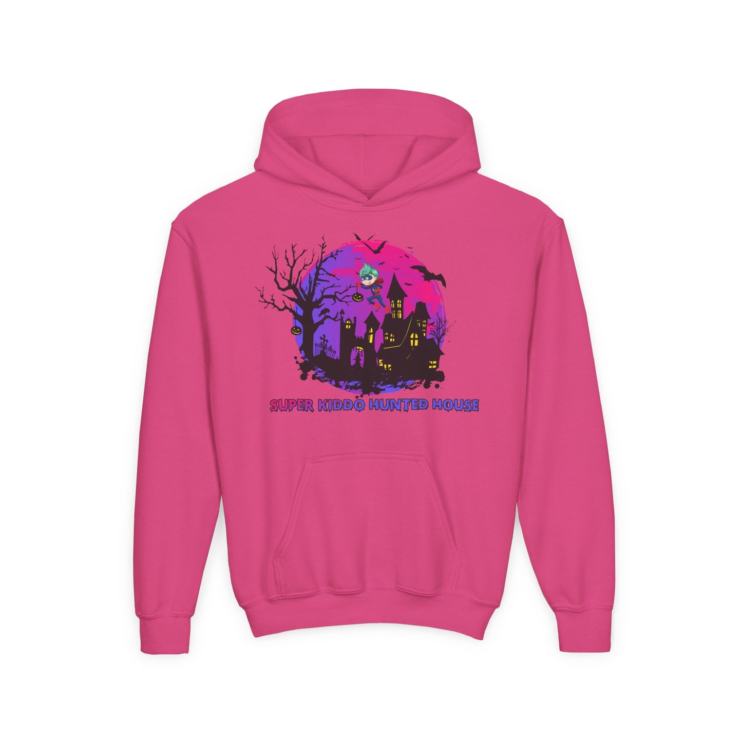 Youth Heavy Blend Hooded Sweatshirt - Super kiddo flying on hunted house