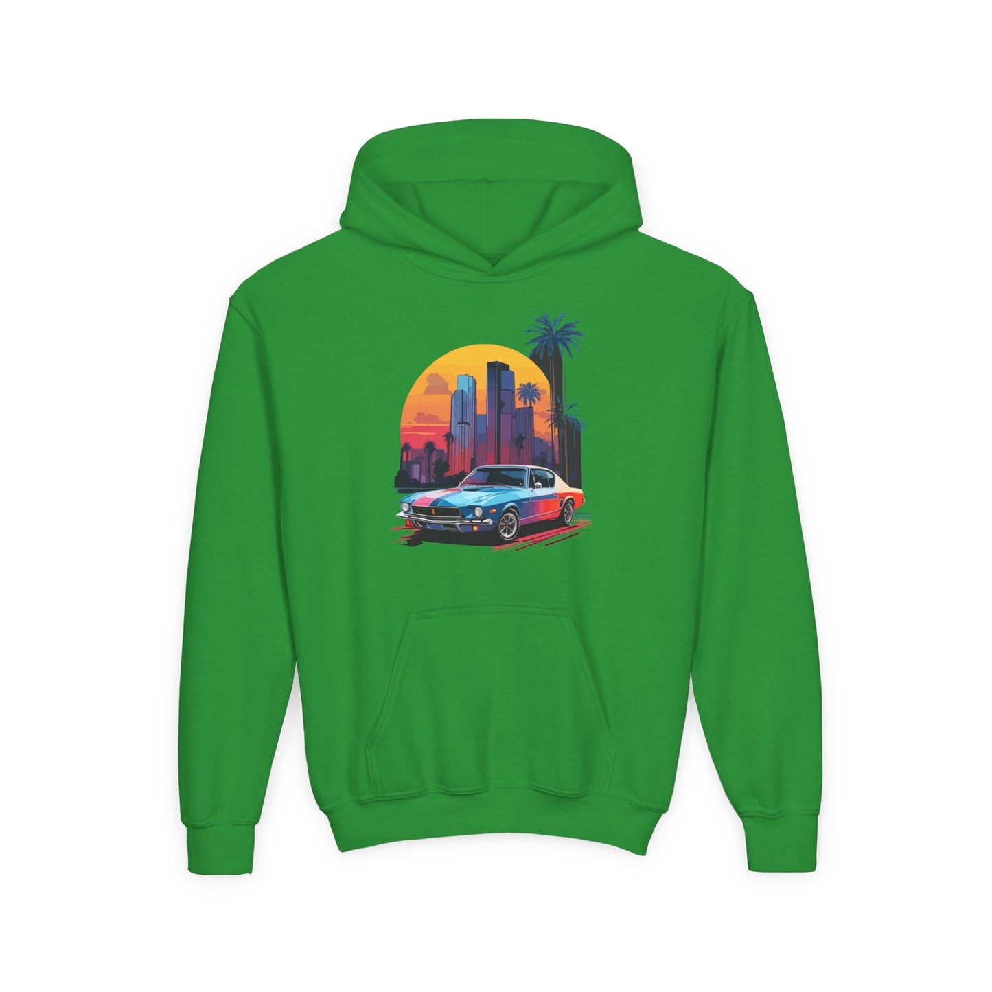 Youth Heavy Blend Hooded Sweatshirt - Vintage Car Sunset