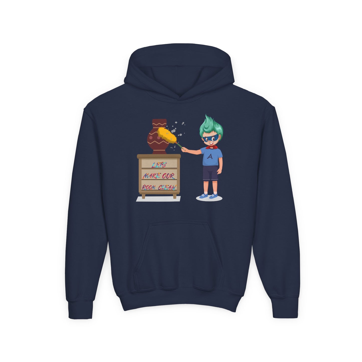 Youth Heavy Blend Hooded Sweatshirt - Super kiddo cleaning a vase