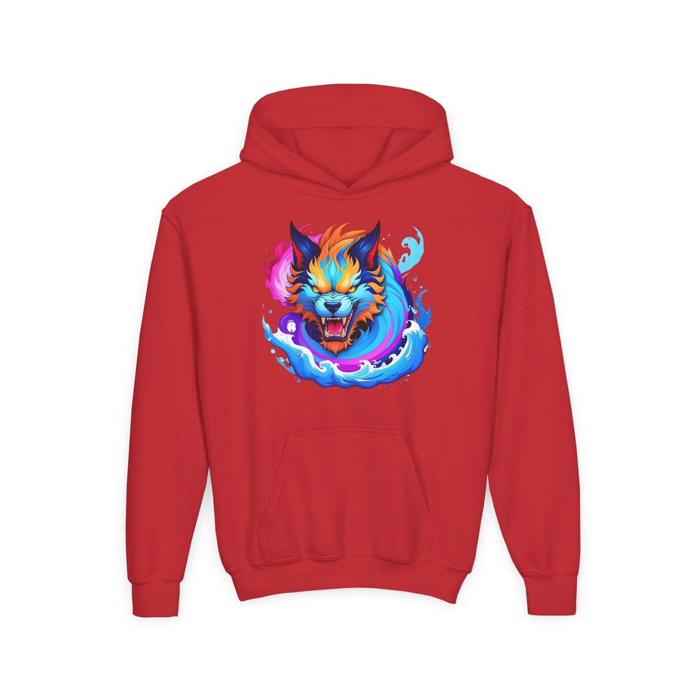Youth Heavy Blend Hooded Sweatshirt - Vibrant Wolf Design