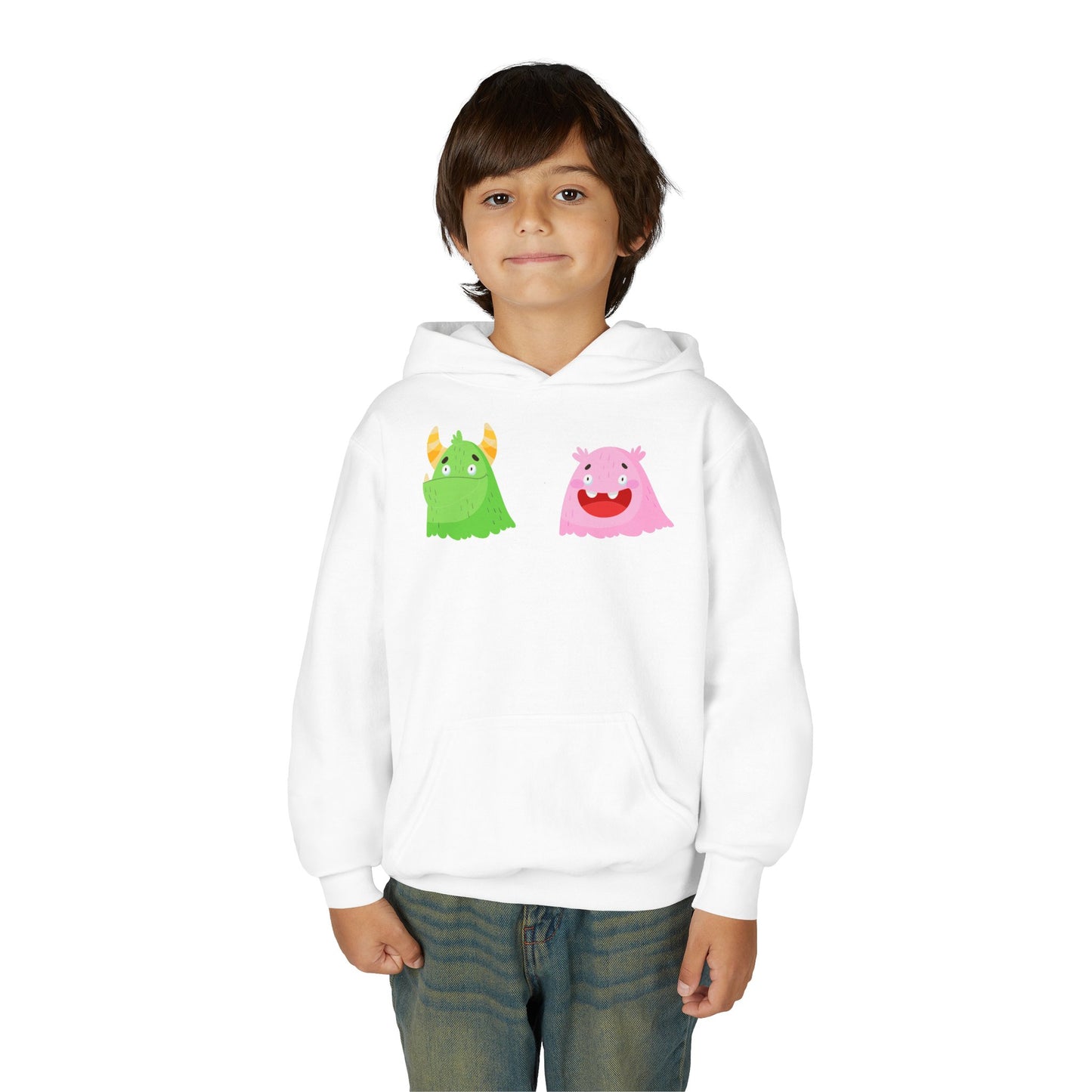 Youth Heavy Blend Hooded Sweatshirt - Green and pink monsters