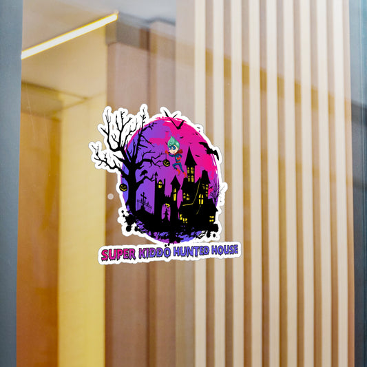 Halloween Kiss-Cut Vinyl Decals – Super kiddo flying on hunted house