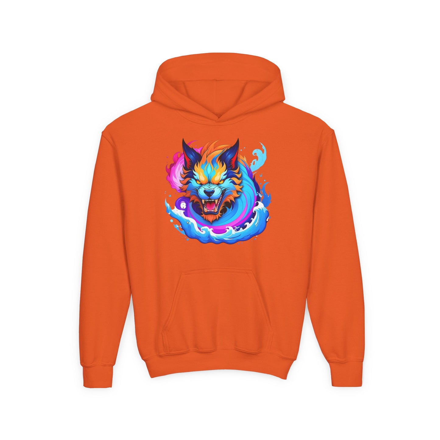 Youth Heavy Blend Hooded Sweatshirt - Vibrant Wolf Design