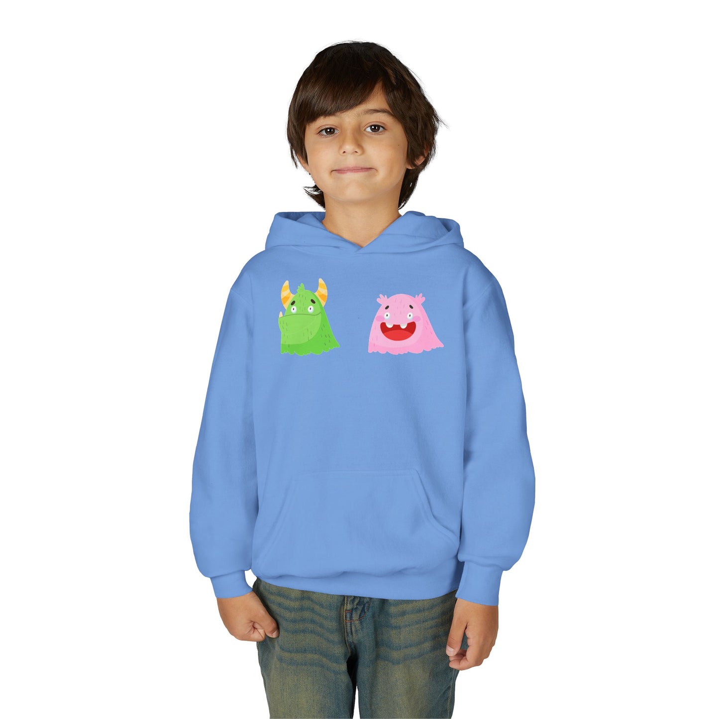 Youth Heavy Blend Hooded Sweatshirt - Green and pink monsters