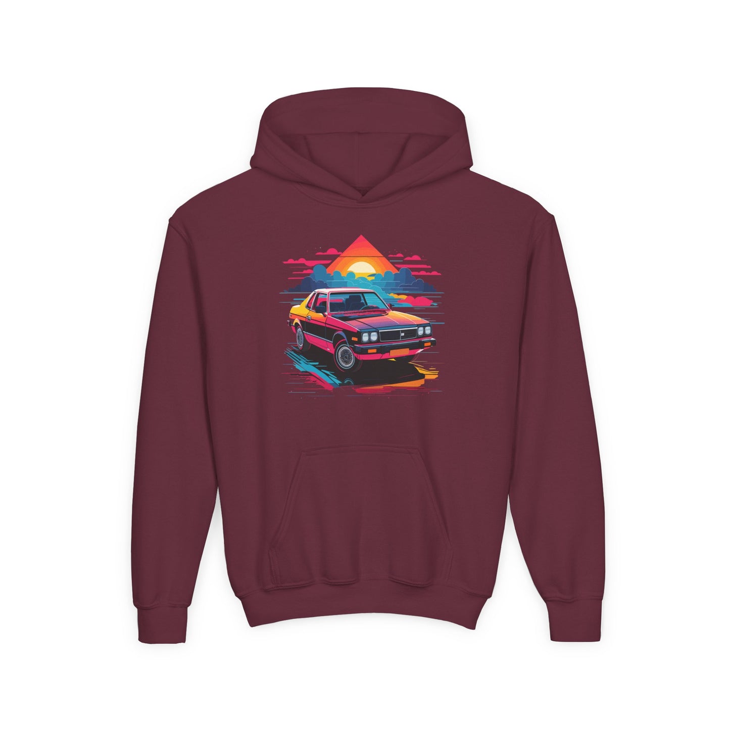 Youth Heavy Blend Hooded Sweatshirt - Retro Car and Sunset
