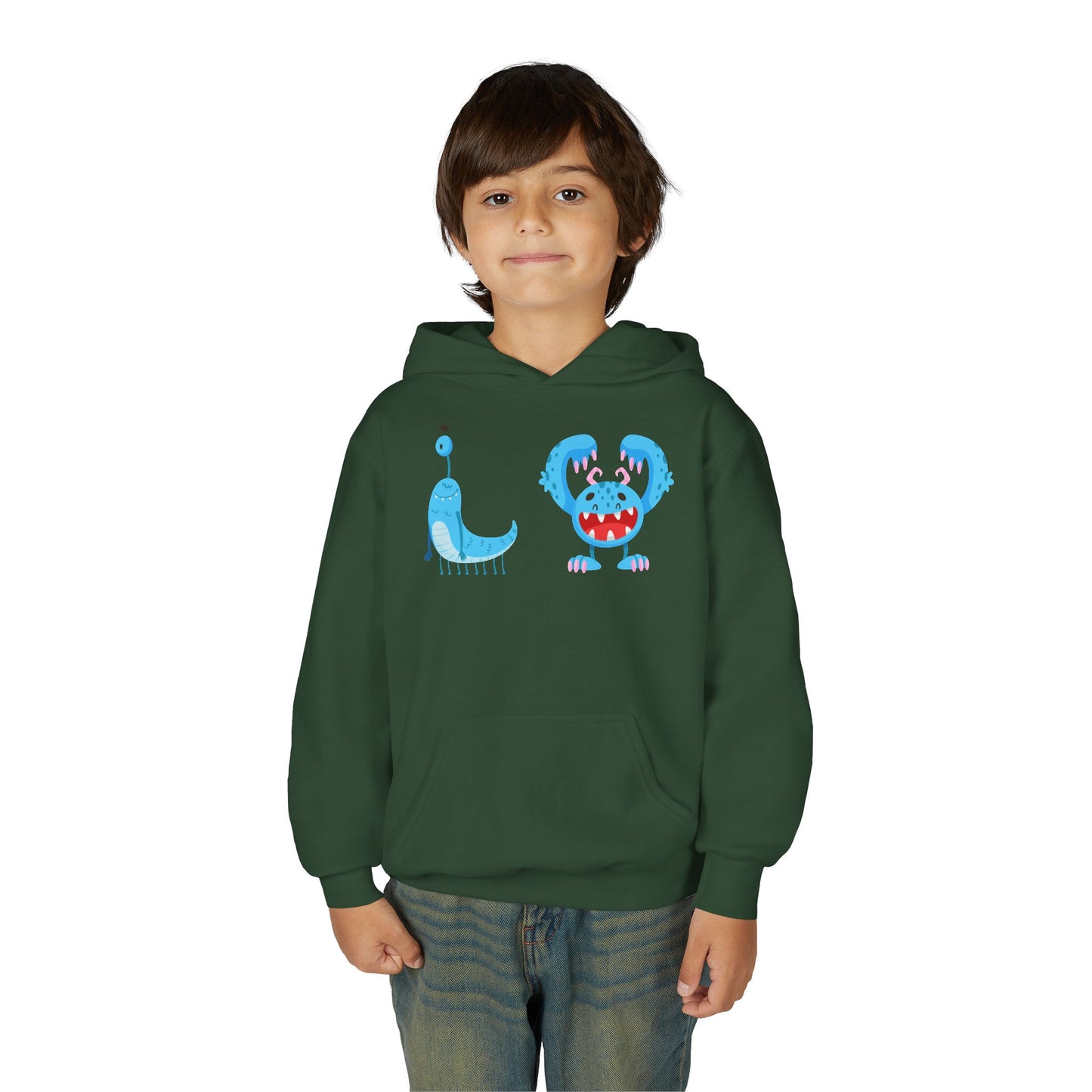 Youth Heavy Blend Hooded Sweatshirt - Happy toothy blue monsters