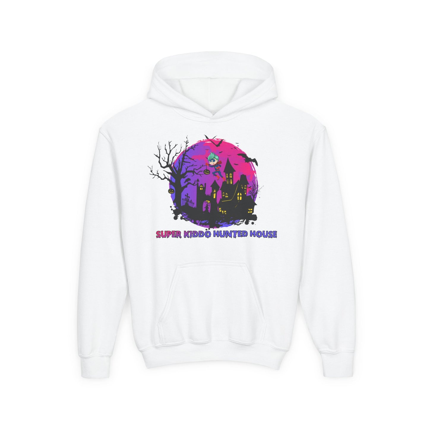 Youth Heavy Blend Hooded Sweatshirt - Super kiddo flying on hunted house
