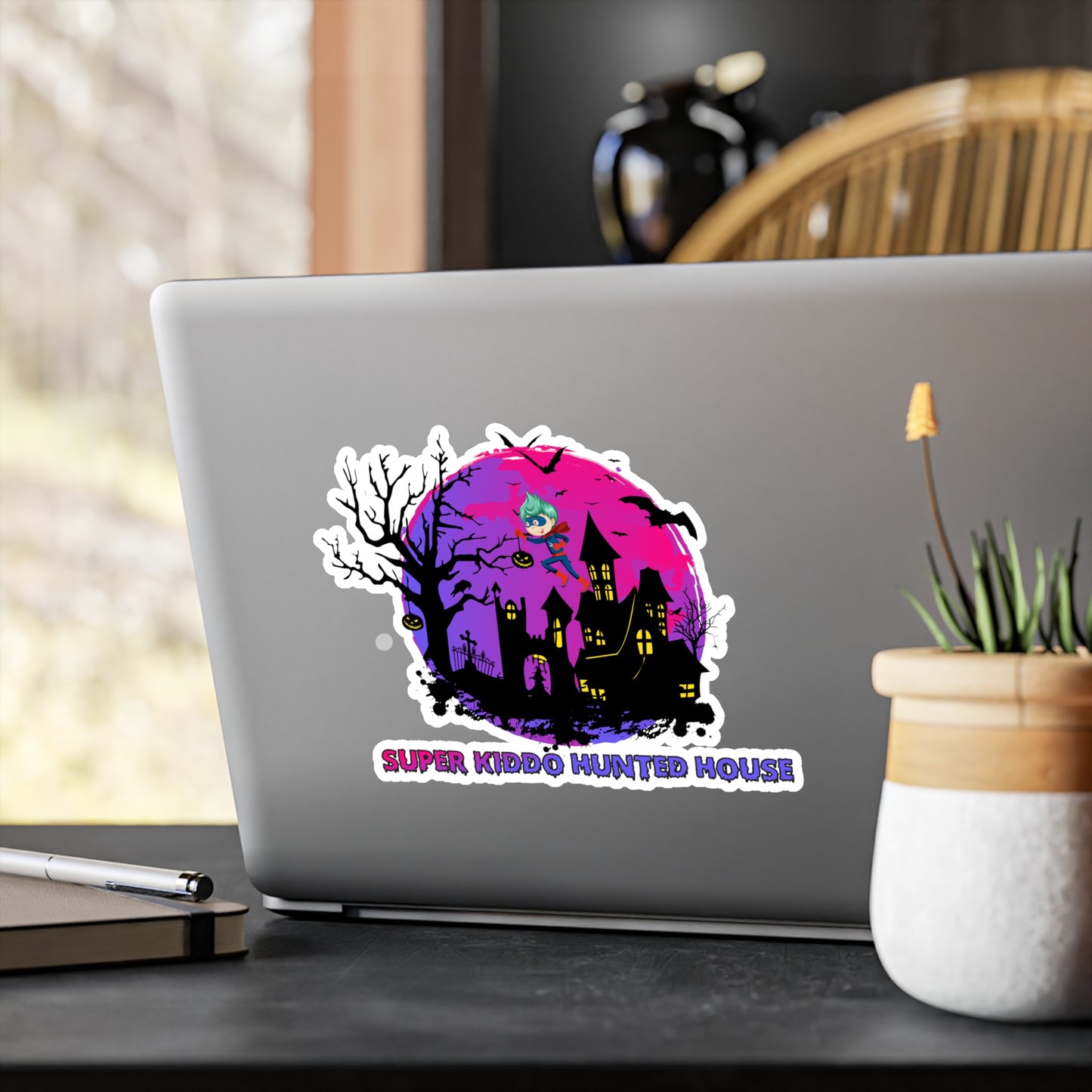 Halloween Kiss-Cut Vinyl Decals – Super kiddo flying on hunted house