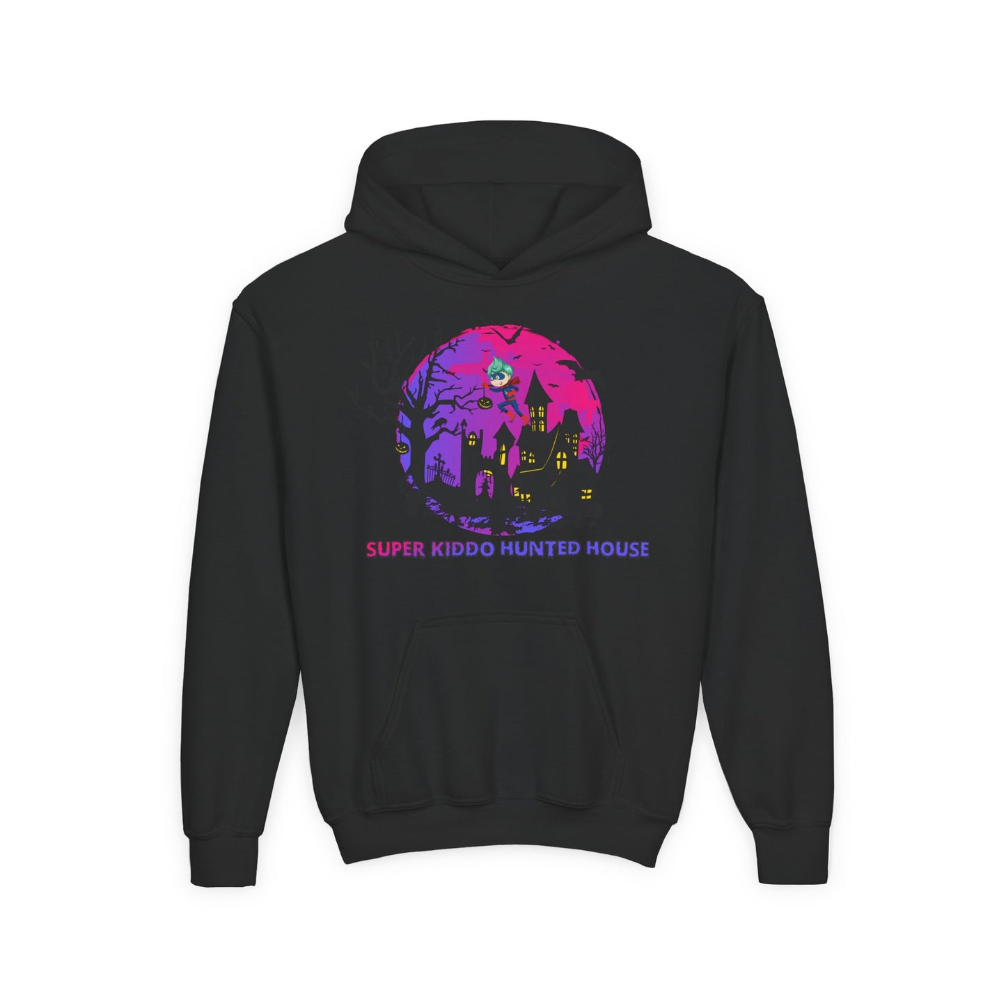 Youth Heavy Blend Hooded Sweatshirt - Super kiddo flying on hunted house