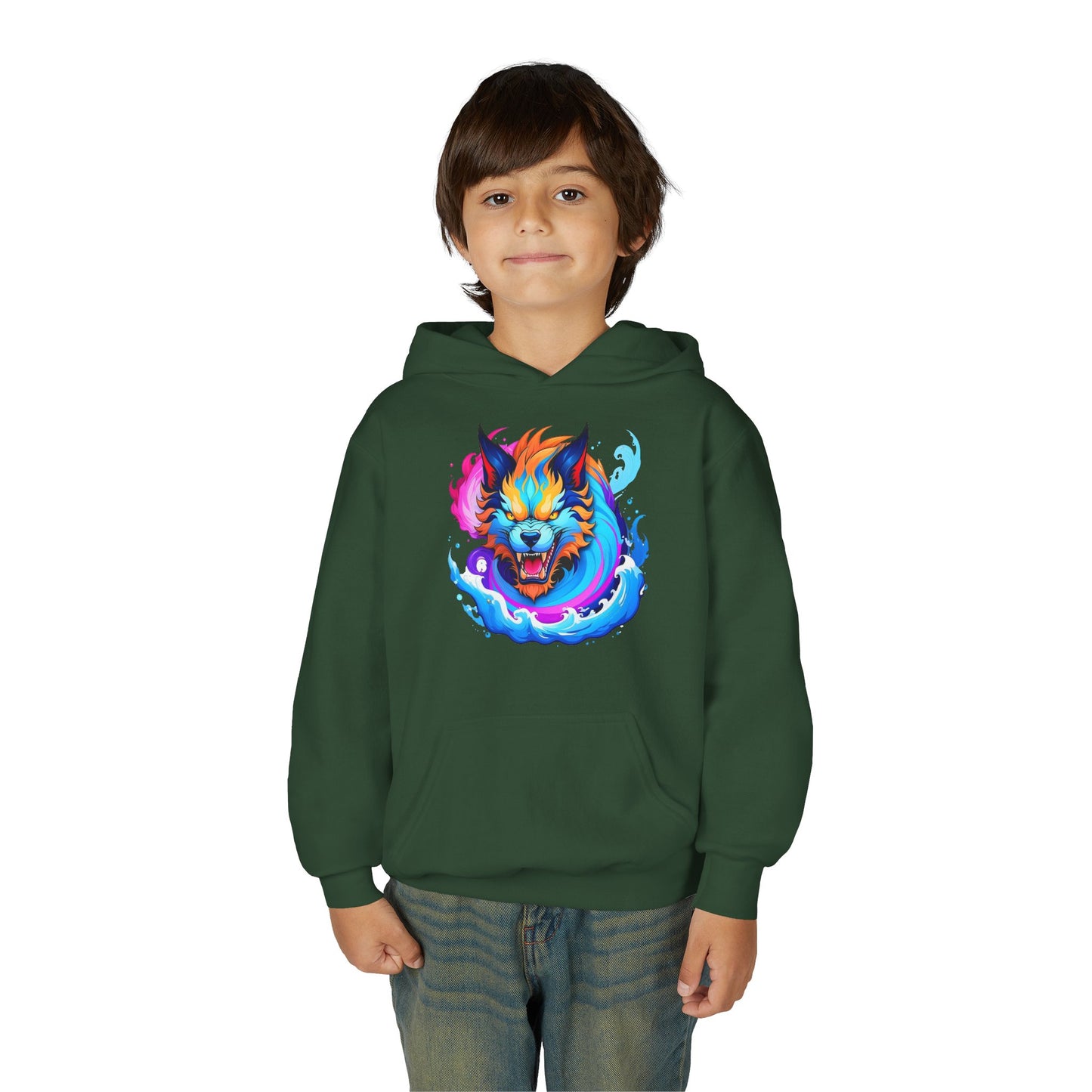 Youth Heavy Blend Hooded Sweatshirt - Vibrant Wolf Design