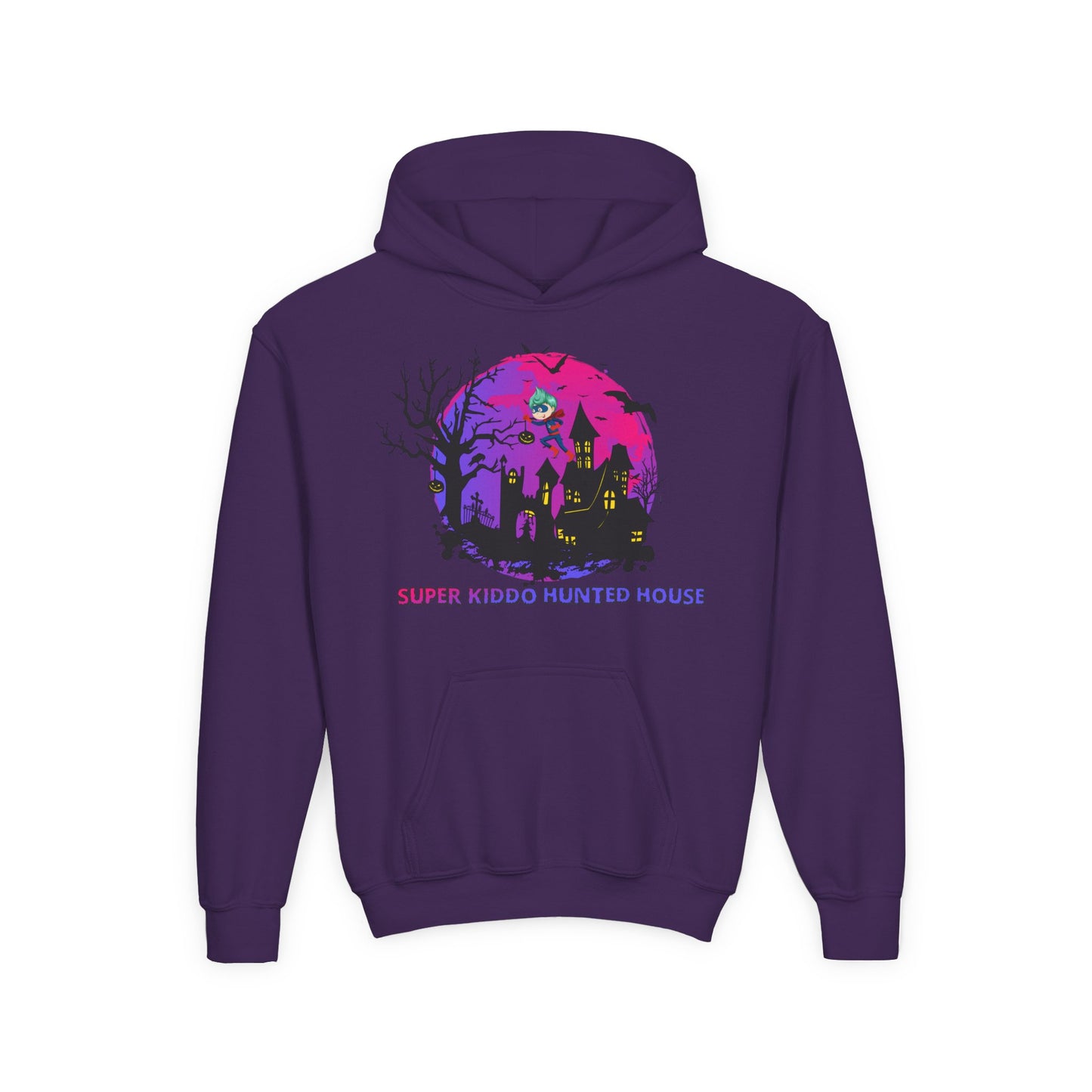 Youth Heavy Blend Hooded Sweatshirt - Super kiddo flying on hunted house